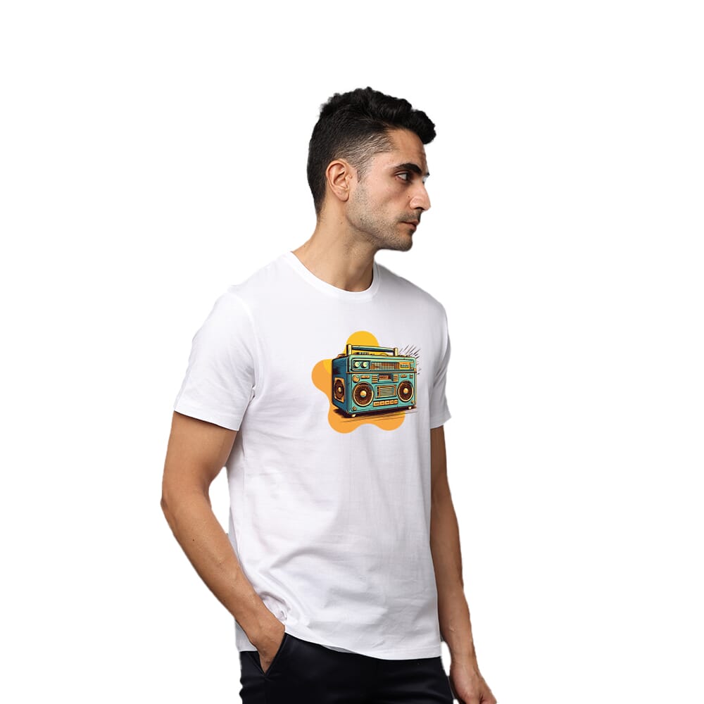 Retro Radio Greys and Blues Pima Round Neck T-shirt - White